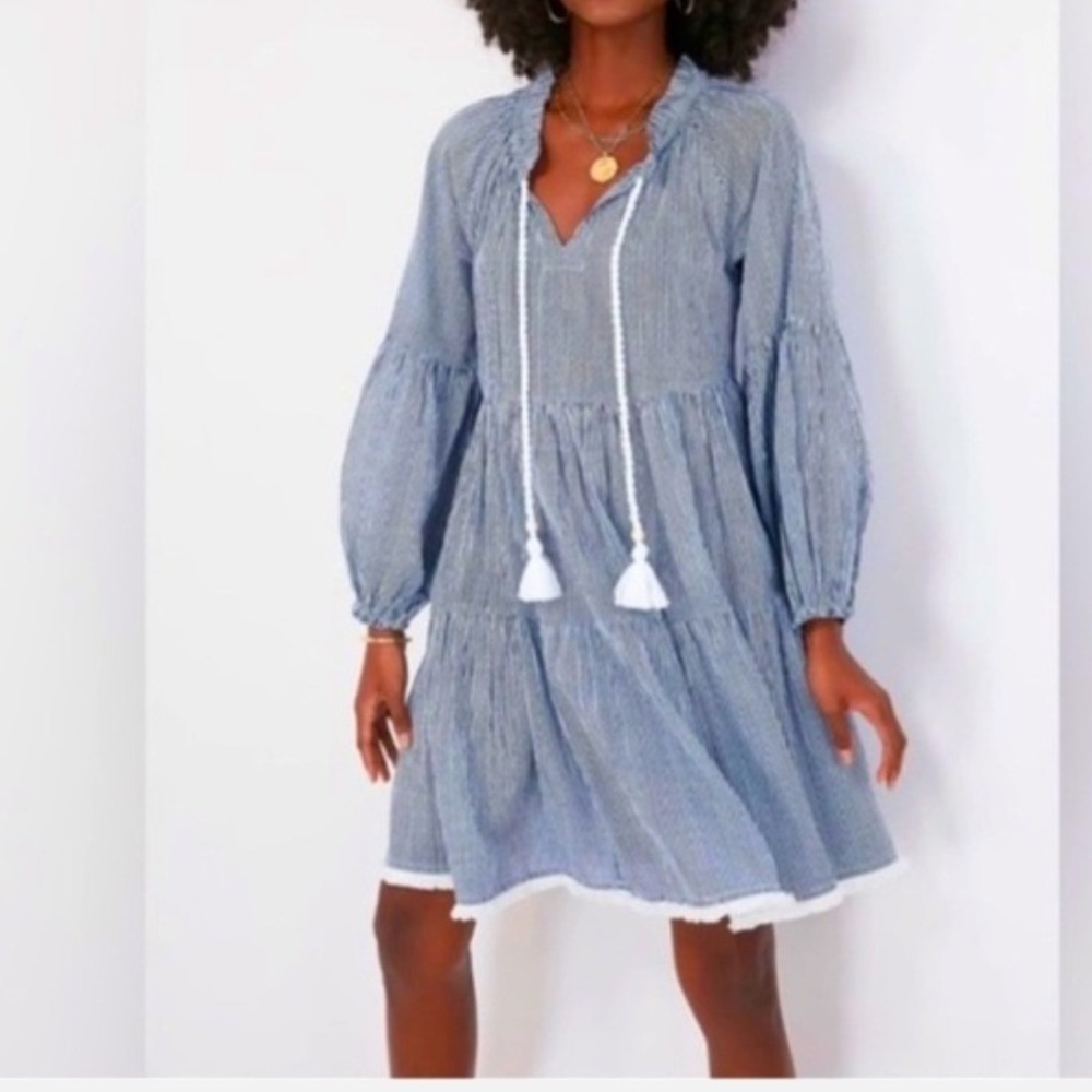 Tuckernuck Blue White Striped Tiered Tassel Mini Dress Large Coastal